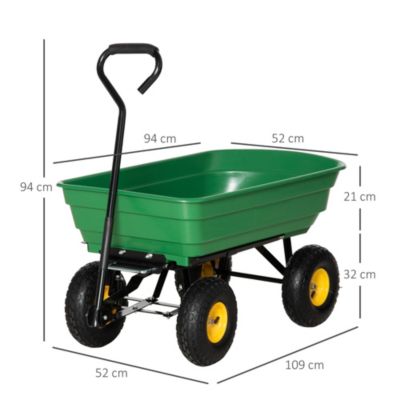 Chariot de jardin à main benne basculante 75L charge max. 200 Kg 4 roues pneumatiques acier PP jaune vert