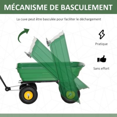 Chariot de jardin à main benne basculante 75L charge max. 200 Kg 4 roues pneumatiques acier PP jaune vert