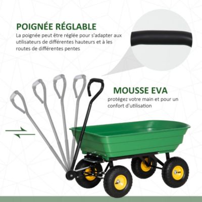Chariot de jardin à main benne basculante 75L charge max. 200 Kg 4 roues pneumatiques acier PP jaune vert