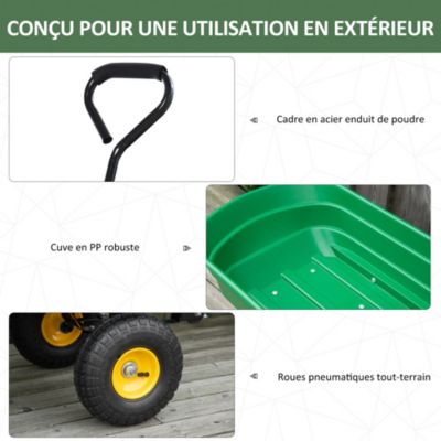 Chariot de jardin à main benne basculante 75L charge max. 200 Kg 4 roues pneumatiques acier PP jaune vert