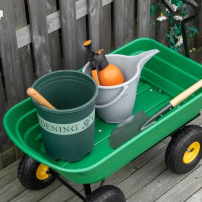 Chariot de jardin à main benne basculante 75L charge max. 200 Kg 4 roues pneumatiques acier PP jaune vert