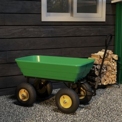 Chariot de jardin à main benne basculante 75L charge max. 200 Kg 4 roues pneumatiques acier PP jaune vert