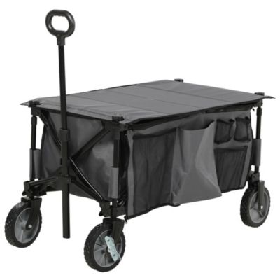 Chariot de jardin pliable 4 roues - bâche amovible, poignée télescopique réglable, 5 pochettes rangement - acier polyester gris