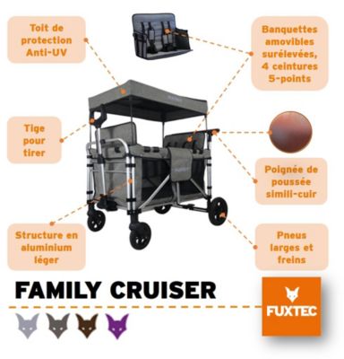 Chariot de jardin pliable Gris Premium - FUXTEC Family Cruiser - Banquettes amovibles 4 places transport charge 75 kg