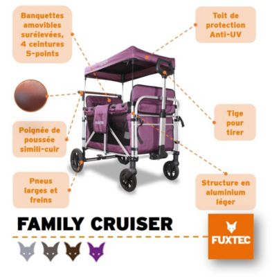 Chariot de jardin pliable Pourpre - FUXTEC Family Cruiser - Banquettes amovibles 4 places transport charge 75 kg