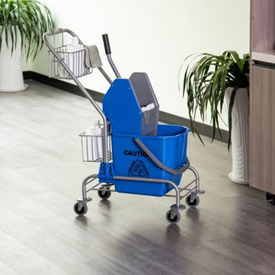 Chariot de lavage chariot de nettoyage professionnel en acier presse à mâchoire seau + rangements bleu