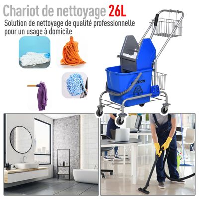 Chariot de lavage chariot de nettoyage professionnel en acier presse à mâchoire seau + rangements bleu