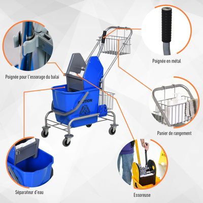 Chariot de lavage chariot de nettoyage professionnel en acier presse à mâchoire seau + rangements bleu