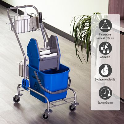 Chariot de lavage chariot de nettoyage professionnel en acier presse à mâchoire seau + rangements bleu