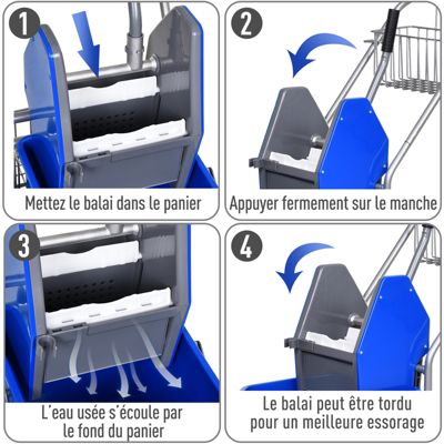 Chariot de lavage chariot de nettoyage professionnel en acier presse à mâchoire seau + rangements bleu