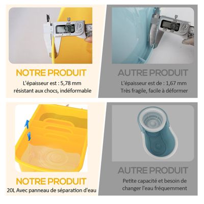 Chariot de nettoyage lavage seau de ménage 20 L avec essoreur et séparateur eau sale propre jaune