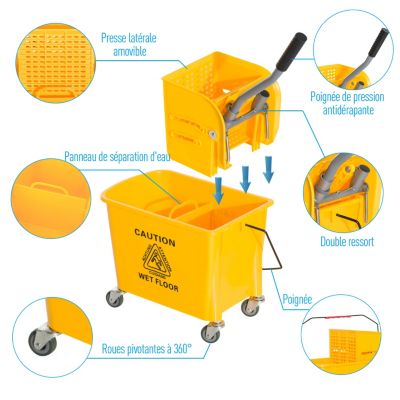 Chariot de nettoyage lavage seau de ménage 20 L avec essoreur et séparateur eau sale propre jaune