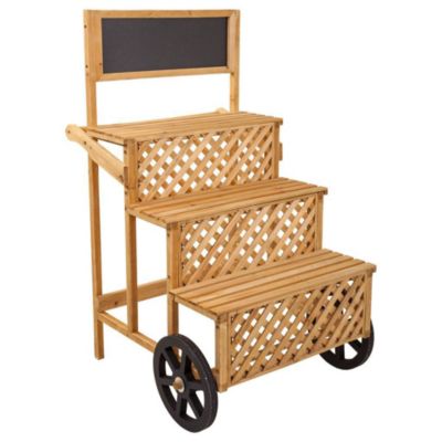 Chariot de présentation en bois avec 3 plateaux et tableau noir