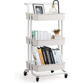 Chariot de Rangement avec 3 Paniers Ciseles Presente 4 roulettes Universelles 2 avec Frein 20KG de Support de Poids Blanc