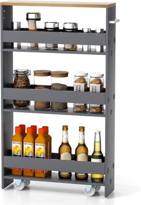 Chariot de Rangement de Cuisine à 4 Niveaux avec 4 roulettes Étagère de Cuisine avec Poignée Latérale Gris