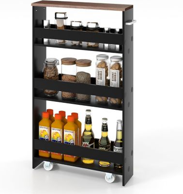 Chariot de Rangement de Cuisine à 4 Niveaux avec 4 roulettes Étagère de Cuisine avec Poignée Latérale Noir Brun