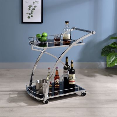 Chariot de service EVO, en métal chromé et plateaux en verre trempé noir