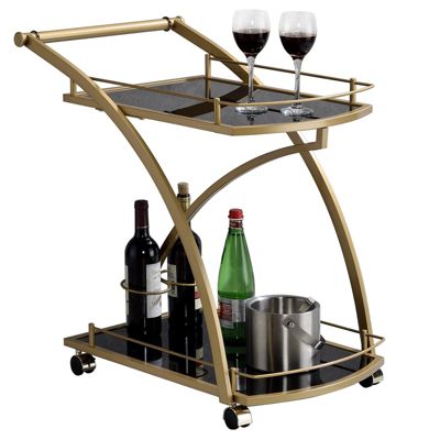 Chariot de service EVO, en métal doré et plateaux en verre trempé noir