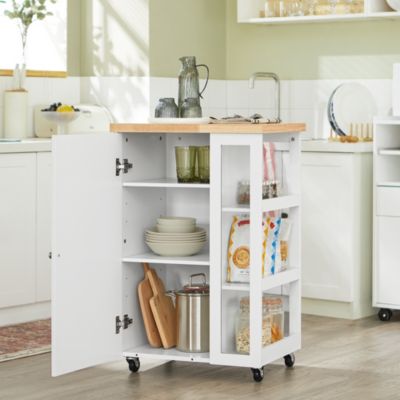Chariot De Cuisine Avec Roulettes Et Plan De Travail - Îlot Mobile 115x36x90 Cm - Blanc Avec Plateau Bois - Tiroirs Et étagères - 12