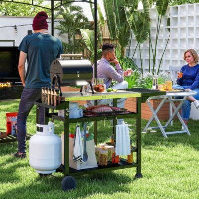 Chariot desserte barbecue plancha multi-équipement plateau acier inox