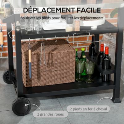 Chariot desserte barbecue plancha multi-équipement plateau acier inox