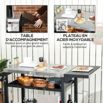 Chariot desserte barbecue plancha multi-équipement plateau acier inox