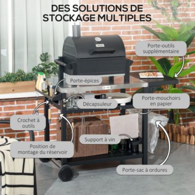 Chariot desserte barbecue plancha multi-équipement plateau acier inox