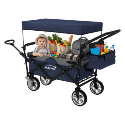 Chariot pliable enfant - Hauki - Bleu-gris - Avec toit, poches et siège 2 places, charge max. 120 kg