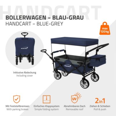 Chariot pliable enfant - Hauki - Bleu-gris - Avec toit, poches et siège 2 places, charge max. 120 kg
