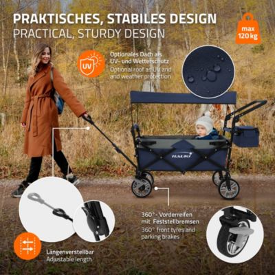 Chariot pliable enfant - Hauki - Bleu-gris - Avec toit, poches et siège 2 places, charge max. 120 kg