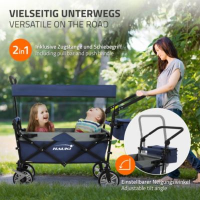 Chariot pliable enfant - Hauki - Bleu-gris - Avec toit, poches et siège 2 places, charge max. 120 kg