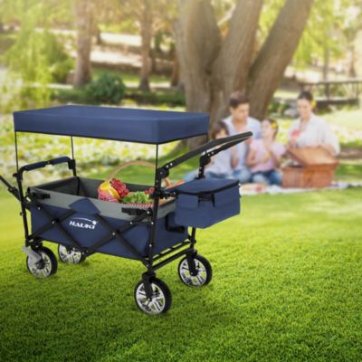 Chariot pliable enfant - Hauki - Bleu-gris - Avec toit, poches et siège 2 places, charge max. 120 kg