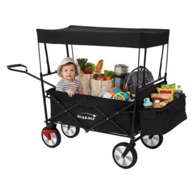 Chariot pliable enfant - Hauki - Noir - Avec toit, poches et siège 2 places, charge max. 80 kg
