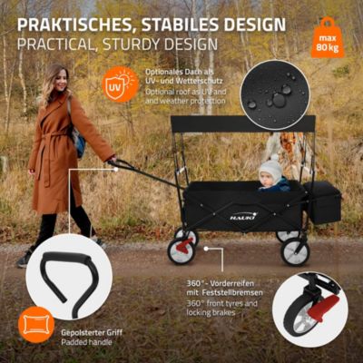 Chariot pliable enfant - Hauki - Noir - Avec toit, poches et siège 2 places, charge max. 80 kg