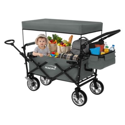 Chariot pliable enfant - Hauki - Noir-gris - Avec toit, poches et siège 2 places, charge max. 120 kg
