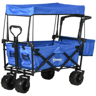 Chariot pliant avec toit, poignée, panier - chariot de plage - chariot de transport pliable tout-terrain métal noir oxford bleu