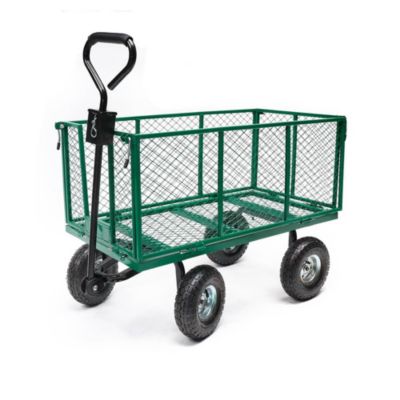 Chariot remorque de jardin en acier 300 kg, panneaux amovibles, attache tracteur, 4 pneus, vert