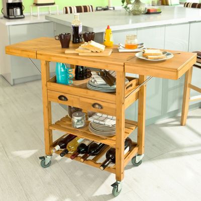 Chariot Roulant Desserte Bambou + Plan de Travail Pliant + Tiroir Cuisine