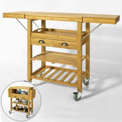 Chariot Roulant Desserte Bambou + Plan de Travail Pliant + Tiroir Cuisine