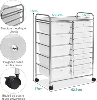 Chariot à roulettes avec 15 Tiroirs Cadre en Fer Tiroirs en Plastique Chariot de Rangement à 4 Roulettes 2 avec Frein Clair