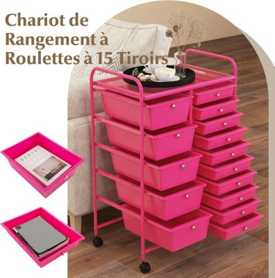 Chariot à roulettes avec 15 Tiroirs Cadre en Fer Tiroirs en Plastique Chariot de Rangement à 4 Roulettes Rose Foncé