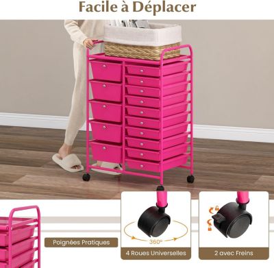 Chariot De Rangement Avec 15 Tiroirs Sur Roulettes - 63x38x96cm - Rouge Rose, 4 Roues Dont 2 Freinées