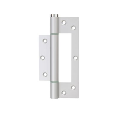 Charnière simple action à ressort, 150X40 mm, en aluminium anodisée argent posée totalement en applique, a lame centrée.