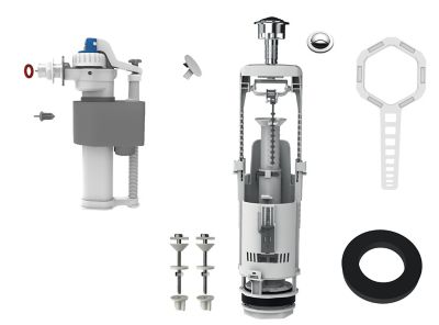Chasse d'eau + robinet flotteur à ouverture différé Flomasta, double bouton poussoir + étrier