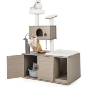 Chat avec Meuble Litière pour Chat 1 Condo Griffoirs Gratter en Sisal Balles Suspendues Gris 132CM