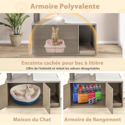 Meuble Cache-bac à Litière Pour Chat Avec 3 Griffoirs Et Plateforme - Dimensions 100x51x91 Cm - Gris Et Blanc - Multi-fonctions (litière, Jeu, Repos) - 10