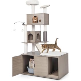 Chat avec Meuble Litière pour Chat 2 Condo Griffoirs Gratter en Sisal Balles Suspendues Gris 173CM