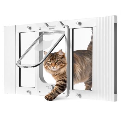 Chatière réglable pour fenêtre 68,6-81,3 cm, porte pour chat aluminium, volet transparent, fermeture magnétique, blanc