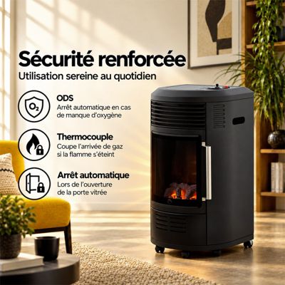 Chauffage d'appoint à gaz Volga  Effet feu de cheminée Infrableu  6 positions