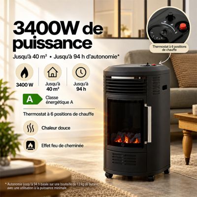 Chauffage d'appoint à gaz Volga  Effet feu de cheminée, Prêt à l'emploi